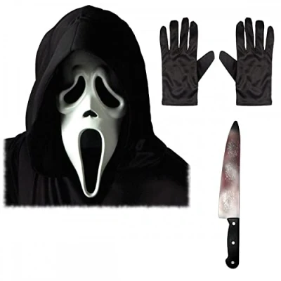 Image of A2ZFD Adult Unisex Official Scream/Ghost Face Mask with Hood + Black Gloves Bloody Butcher Blade, 2265WC AS1