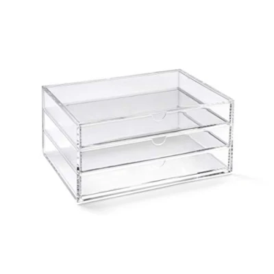 Image of OSCO Medium Clear Acrylic 3 Drawer Chest A5 Pin storage Jewellery Paperclips Crayons Pens Pencils Small Stationery H11 x W23 D17 cm