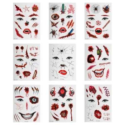 Image of Tabanzhe Halloween Face Tattoo 9 Sheets Scary Temporary Stickers Scar Fake Scab Blood Makeup Tattoos Kit,Halloween Horror Zombie Decals Prank Props for Cosplay Party Decor