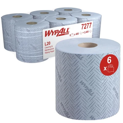 Image of WypAll L20 Cleaning and Maintenance Blue Wiping Paper 7277 2 Ply Centrefeed Rolls 6 x 400 Wipers (2,400 Total)