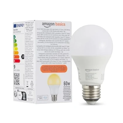 Image of Amazon Basics Smart A60 Dimmable LED Light Bulb, E27 Base, Soft White, 2.4GHz WiFi, 8.5W, Works with Alexa Only, 1 Pack