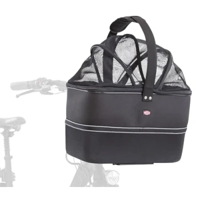 Image of Trixie dog basket for bicycle handlebars, 13108, black, carrying handle, mesh cover, rain integrated short leash