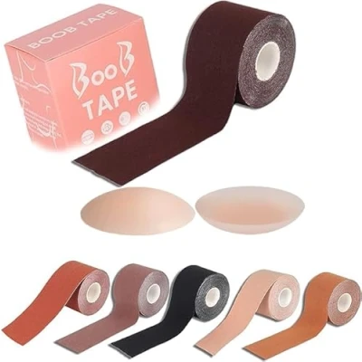 Image of SELLY Boob Tape, Bob Tape for Large Breasts, Self Adhesive Strapless Boobtapes with 2 Pcs Nipple Covers, 5M Stretchable Longer Than Regular Roll, Perfect to Stick on Bra Coffee