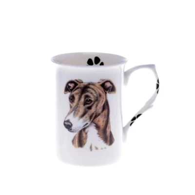 Image of (BB31) SINGLE BONE China BEAKER/ MUG/CUP BROWN BRINDLE GREYHOUND Hand decorated Kirsty Jayne