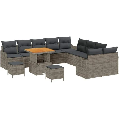 Image of vidaXL 13 Piece Garden Sofa Set with Cushions Grey Poly Rattan Acacia