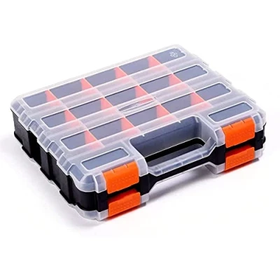 Image of Double Side Tool Storage Box with Removable Plastic Partition, Hardware Storage, 34 Compartments, Excellent for Screws, Nuts, Small Parts, Black/Orange