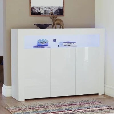 Image of Vida Designs Nova 3 Door Modern LED Sideboard in White, RGB Lights (Fade/Strobe Options Included), High Gloss
