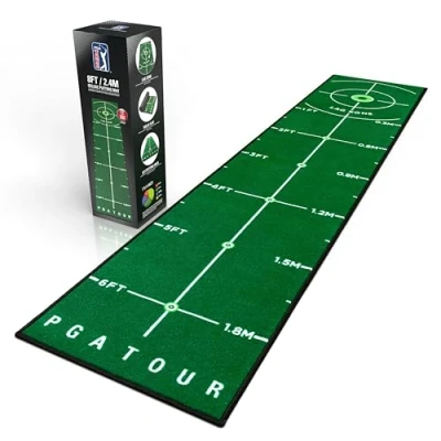 Image of PGA Tour 8ft Deluxe Golf Putting Mat for Indoor Golf, with Training Guidelines, Full Size Hole Target, 6ft Area, Green, Portable Carry Bag Included