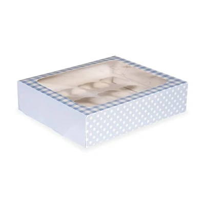 Image of Anniversary House Blue Cupcake Box with Window and Removable 12 Hole Insert, Gingham Polka Dot Print, 1 Pack, Easy Assembly, Baby Blue, Light 7.5 x 25 31cm, J163