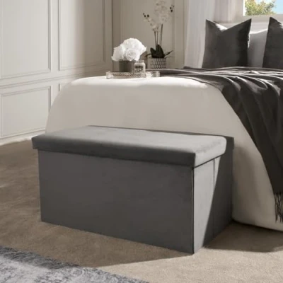 Image of OHS Rectangle Ottoman Storage Box Matt Velvet, Grey with Chest Lid Bedroom Living Room Sturdy Ottomans Organising Space Saving, Charcoal