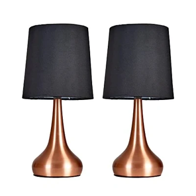 Image of MiniSun Pair of Modern Copper Teardrop Touch Bed Side Table Lamps with Black Fabric Shades