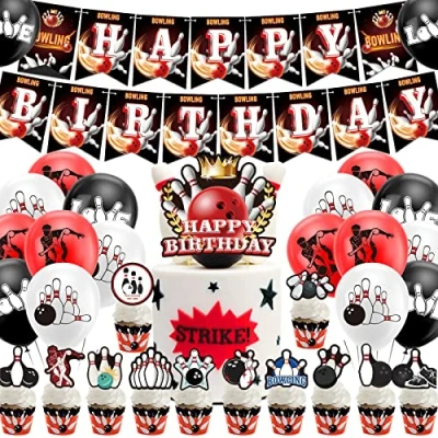 Image of Bowling Party Decorations Birthday Supplies Includes Happy Banner, Cake Topper, Cupcake Toppers, Balloons for Themed