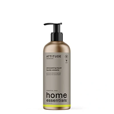 Image of ATTITUDE Washing Up Liquid, EWG Verified, Plant and Mineral Based Ingredients, Vegan Household Products, Geranium Lemongrass, Refillable Aluminum Bottle, 473 mL