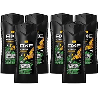 Image of AXE 3 in 1 Shower Gel &amp; Shampoo Wild Mojito Cedarwood XL, Men&#039;s 6 x 400 ml, Dermatologically Tested, Intensive Care for Men, Face Body Hair Wash (6 Products)