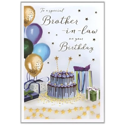 Image of ICG Special Brother in Law Birthday Card Cake Balloons Presents