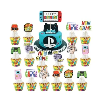 Image of Party Cake Toppers 17 PCS Video Game Cupcake Topper Picks，Multicoloured Gaming Theme Birthday Decorations，Birthday Supplies Decorations for Boys Girls Kids