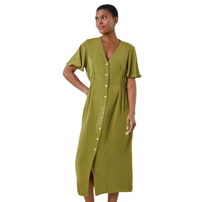 Image of Roman Originals Swing Tea Dress for Women UK Ladies Skater Midi A Line Fit &amp; Flare Summer Casual Smart Spring Cocktail Party Holiday Going Out Work Cruise Button Through Long Pea Green Size 10