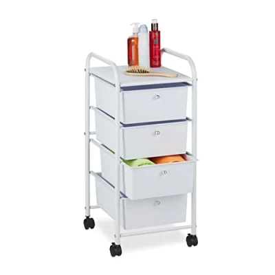 Image of Relaxdays Storage Trolley, 4 Drawers, H x W D Approx. 74 33 39 cm, Metal &amp; Plastic, White