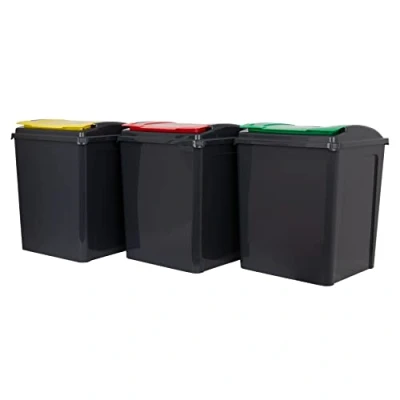 Image of Wham 3 Piece 50L Plastic Recycle Bin Graphite/Assorted (Red/Green/Yellow Lids)