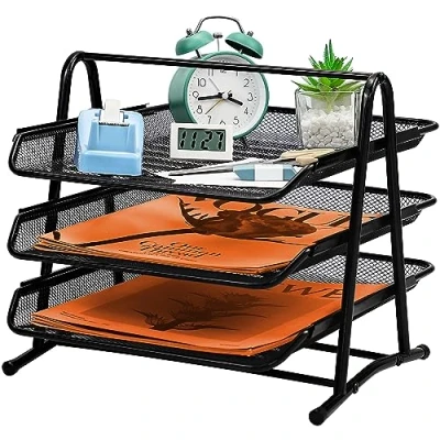 Image of Wire Mesh Letter Tray, 3 Tier Desk Organizer Office, Sliding Paper A4 Filing Trays, Magazine File Storage Document Metal in Desktop Tidy For Home, Office