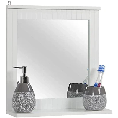 Image of Yorkshire Homeware Wall Mounted Mirror, Bathroom Mirror with Shelf, Hanging Vanity Home Office Living Room Finish White W40xD13xH42.5cm