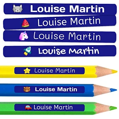 Image of Personalised Adhesive Labels for Kids, Waterproof Name Stickers, Ideal Pencils and Small Objects, Microwave Dishwasher Safe, 50 Pack, Marine Color, Marino Size, Vinyl Material