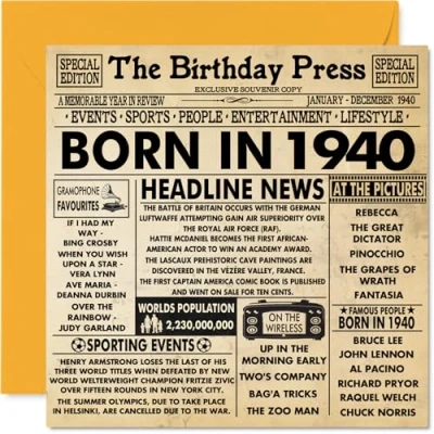 Image of 84th Birthday Cards for Men Women Born In 1940 Newspaper Happy 84 Card Grandad Grandma Nan Vintage Retro Back 1940, 145mm x Eighty Four Fourth Bday Greeting