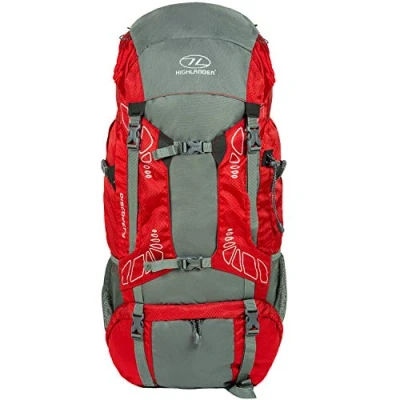 Image of Highlander Discovery Rucksack Lightweight 45L, 65L &amp; 85L Hiking Backpack with Waterproof Cover Ideal for Walking, Travelling, Trekking, Camping and D of E (Red, 85L)