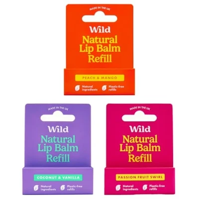 Image of Wild Natural Refillable Lip Balm 3 Pack of Refills in a Variety Scents Includes Peach &amp; Mango, Coconut Vanilla and Passionfruit Swirl Flavours Beeswax Free