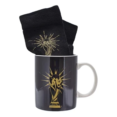 Image of Paladone World Cup Trophy Mug and Socks Gift Set Black Ceramic Coffee Gold Ankle Football or Soccer Merchandise, PP10281FI, Multicolor
