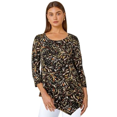 Image of Roman Originals Women Hanky Hem Tunic Ladies Top Asymmetric Hemline Blouse Double Layer Mesh Overlay Jersey Stretchy Summer Spring Flattering 3/4 Sleeve Smart Casual Work Natural Size 12