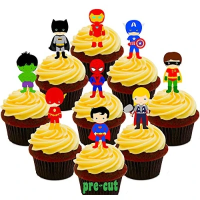 Image of Made4You Superhero Party Pack Pre cut Edible Cupcake Toppers Stand up Wafer Cake Decorations (Pack of 36)