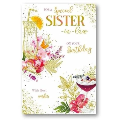 Image of Paper Rose Special Sister in Law Birthday Card Cocktails and Tropical Flowers with Foil Details Eco Friendly Recyclable