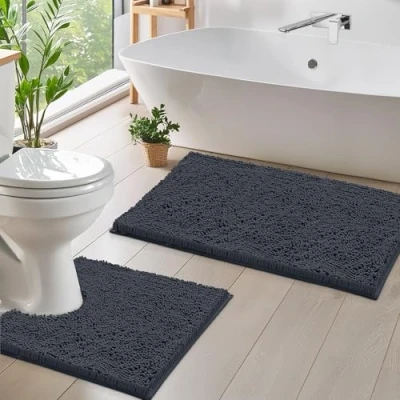 Image of LuxUrux Luxury Chenille (2 Piece) Bath Mat Set, Soft Plush Anti Slip Rug + Toilet Mat.1&#039;&#039; Microfiber Shaggy Carpet, Super Absorbent (Charcoal, 80 x 50 cm U Shaped cm)