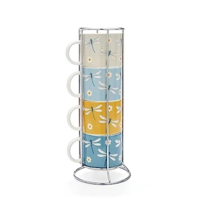 Image of Cooksmart Set of 4 Stackable Mugs British Designed Stacking for All Kitchens Modern with Lovely Designs English Meadow