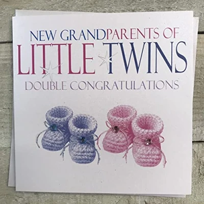 Image of White Cotton Cards Grandparents Baby Card, Twins, Double Congratulations, Pink &amp; Blue booties Handmade N226 G, / Cream, 16cm x