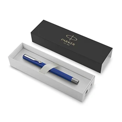 Image of Parker Vector Premium Rollerball Pen Blue Barrel with Chrome Trim Black Ink Gift Boxed