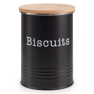 Image of EHC Round Enamel Airtight Seal Cookie/Biscuit Kitchen Storage Canister Jar With Wooden Lid Black
