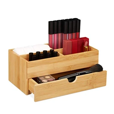 Image of Relaxdays Bamboo Cosmetics Organiser, Multifunctional, 4 Compartments &amp; Drawer, Desk Storage, Natural