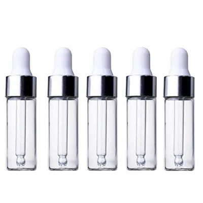Image of CMJ 5 x 5ml CLEAR Glass Bottles Ear Eye Drops Pipette Dropper Silver White Lid Aromatherapy Empty