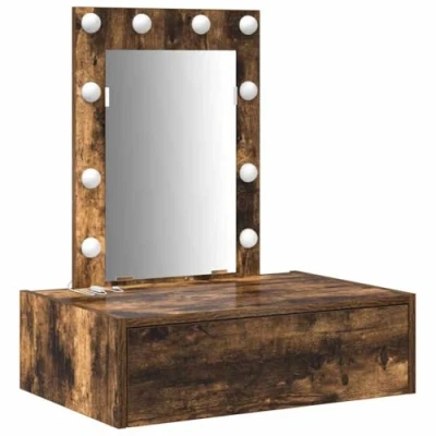 Image of vidaXL Wall Hanging Dressing Table with LED Lights in Smoked Oak