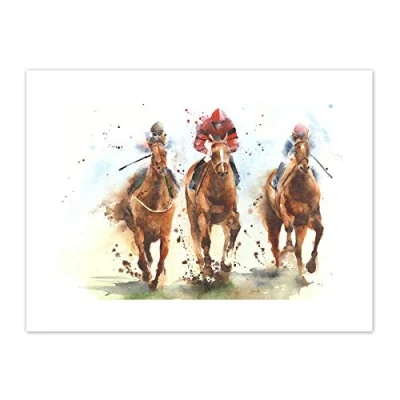Image of Wee Blue Coo Racing Horses Watercolour Art Print Canvas Premium Wall Decor Poster