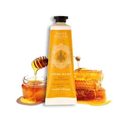 Image of Panier des Sens Honey Mini Hand Cream for very Dry Hands and Skin Vegan Women Shea Butter Organic Extract Made in France 97% Natural Ingredients 30ml