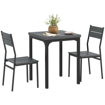 Image of HOMCOM 3 Pieces Compact Dining Table 2 Chairs Set Wooden Metal Legs Bistro Cafe Kitchen Breakfast Bar Home Furniture, Grey Wood Grain