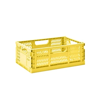 Image of 3 Sprouts Recycled Plastic Collapsible Crate Stackable Foldable Storage Box for Easy Organizing, Durable Folding Home or Office Use Large Yellow