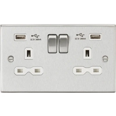 Image of KnightsBridge 13A 2G Square Edge switched socket with dual USB charger A + (2.4A) Brushed chrome, white insert