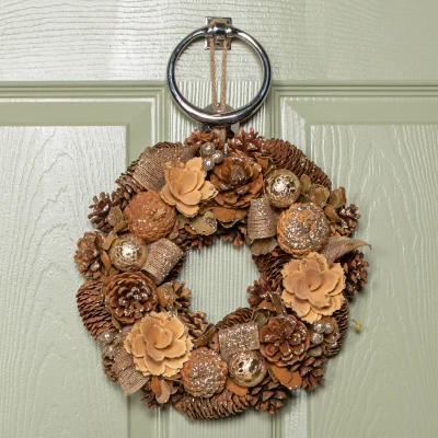 Image of 30cm Hanging Christmas Gold Fest Wreath with Pinecones and Berries