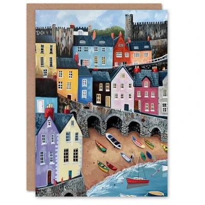 Image of Artery8 Greeting Card Tenby Harbour Beach Colourful Coastal Townscape Blank For All Him Or Her Art Birthday