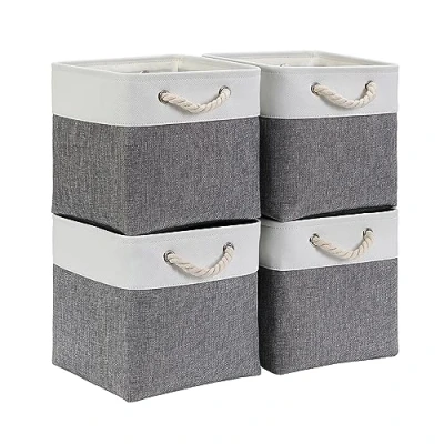 Image of Mangata Canvas Cube Storage Boxes 28x28x28cm, Fabric Basket for Cupboards, Shelves, Closet, Grey White（11 x 11 inch, 4 Pack）