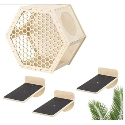 Image of Navaris Cat Shelves for Wall (4 Pieces) Set with Hexagon Shelf and 3 Steps Mounted Climbing Perch Cats Mount Furniture Walls
